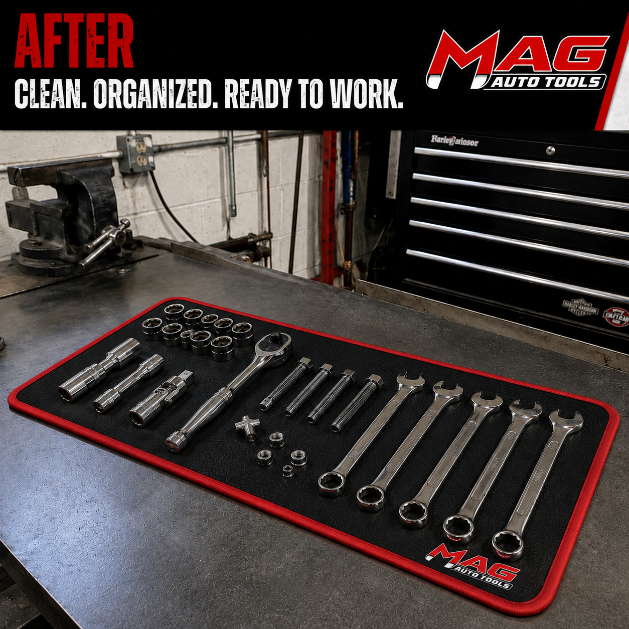 After: tools organized on the magnetic mat